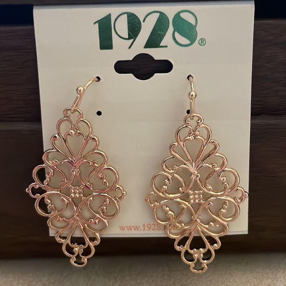 1928 Goldtone Filagree Diamond Drop Earrings - Picture 5 of 5